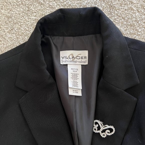 Chic Minimalist Liz Claiborne Black Blazer with Butterfly Rhinestone Brooch 10P - Picture 3 of 9